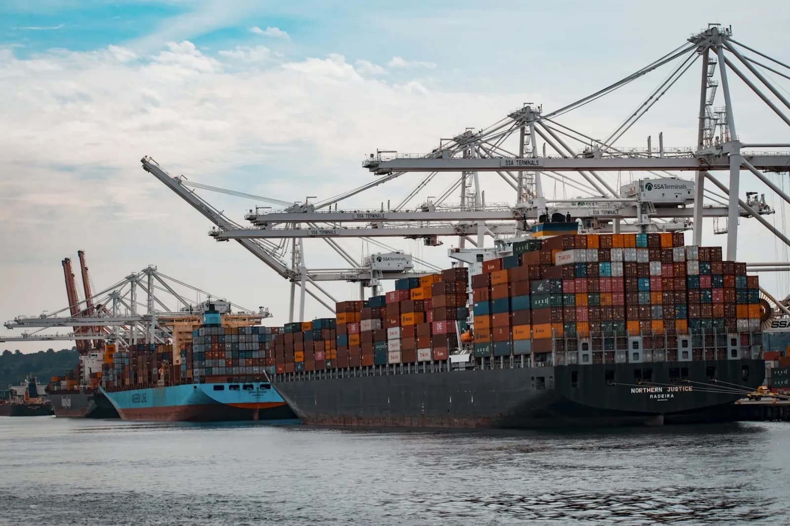 Container ships loading at a port beneath gantry cranes